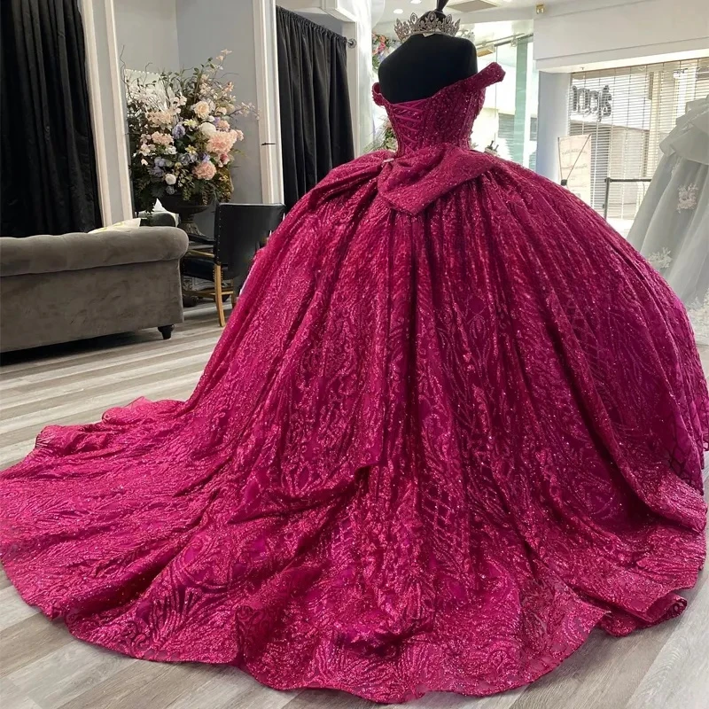 

Real Picture Luxury Shinny Fuchsia Quinceanera Dresses 2024 Off Shoulder Sequined Sweet 16 Birthday Party Prom Dress ballkleider