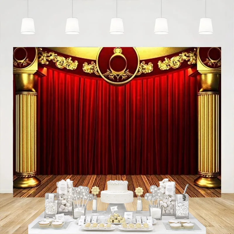 Theater Stage Backdrop Decoration Stage Lights Red Curtains Play Show Theater Lecture Photography Background Photo Booth Props