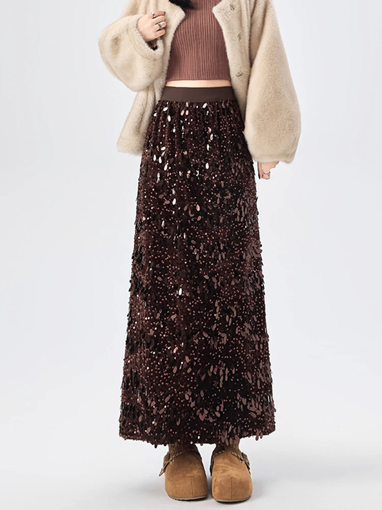 

Faionable Sequin A-Line Midi Skirt High Waist Women's Winter 2026 New Sle Ele Long Skirt Warm Wind Ladies High Waist