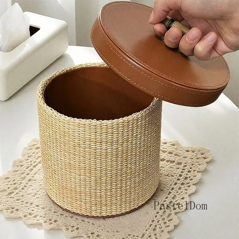 `Natural Grass Woven Handmade Desktop Storage Basket, Luxury Leather Style Organizer for Tissue, Remote Controls & Snacks`