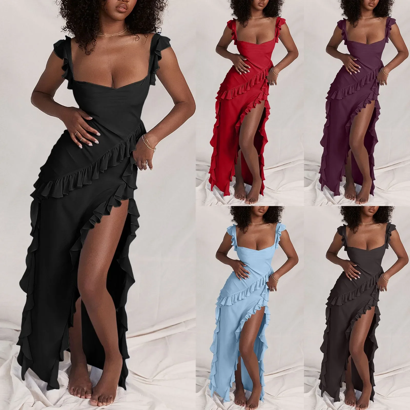 BWQ レディーススパゲッティストラップハイスリットボディコンマキシ女性カジュアルラウンジスリップビーチドレスセクシーなボディコン背中の開いた A ラインビーチドレス