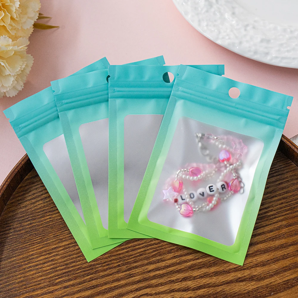 50pcs 7x10/8x12/10x15cm Gradient Color Pouch Transparent Window Bags for DIY Jewelry Display Packaging Supplies Small Businesses