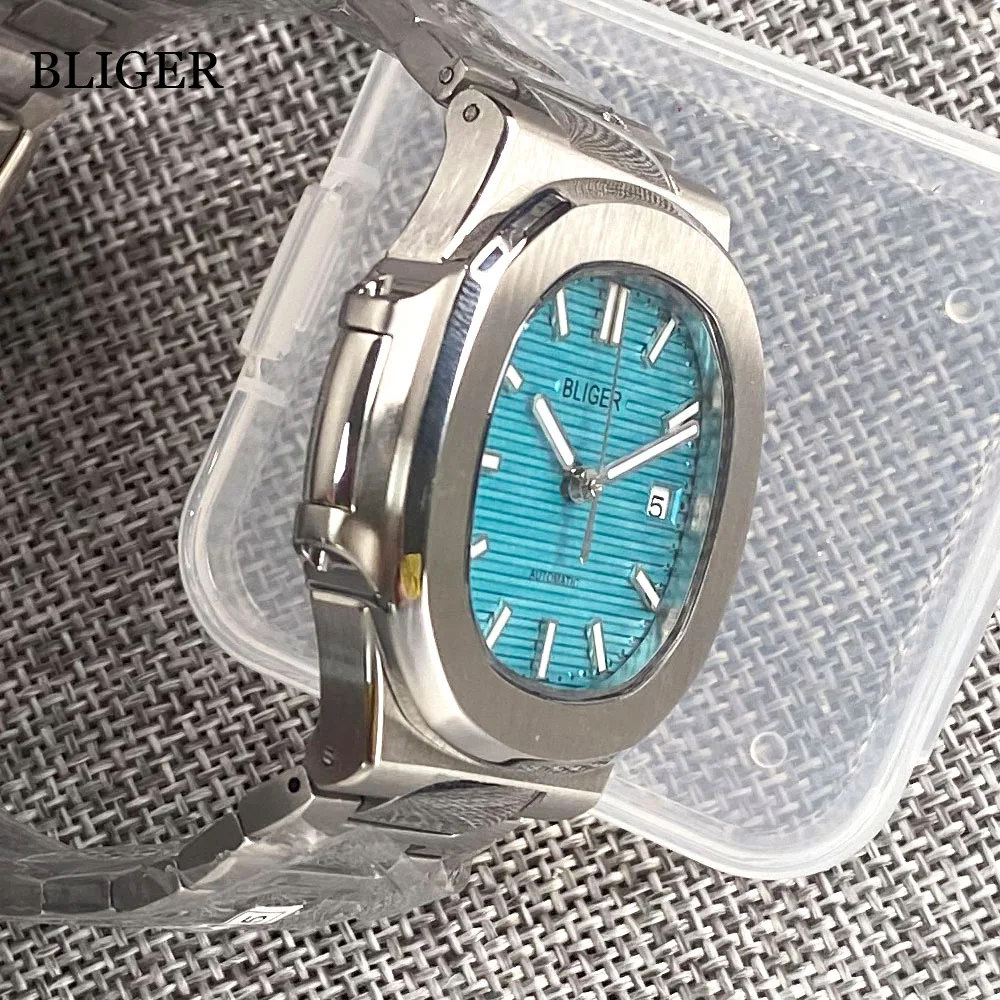 BLIGER NH35A PT5000 Dress Square Blue Automatic Men Watch MIYOTA 8215 Turquoise Green Dial Sapphire Luminous index Glass Back