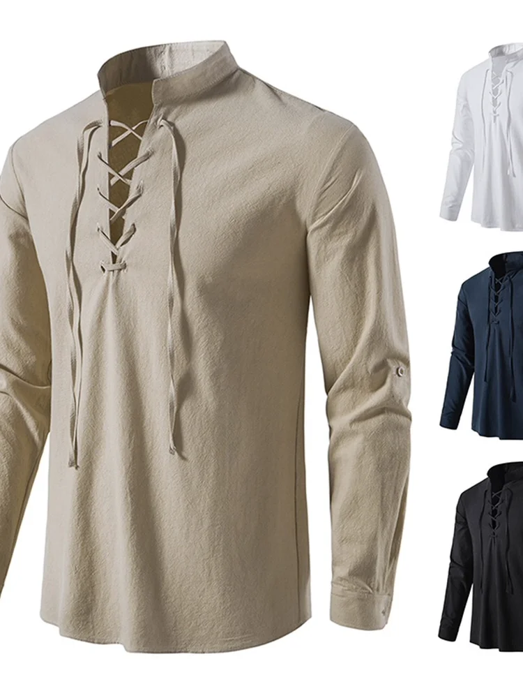 2023 Men's Casual Cotton Linen Blouse Long Sleeve Slim Fit T-Shirt Youth Fashion Henry Collar Shirt Autumn Collection