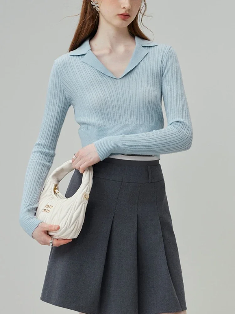 2025 Maglione lavorato a maglia a maniche lunghe per donna Autunno Inverno Donna Colletto polo Pullover Casual Maglioni lavorati a maglia tinta unita Crop Top