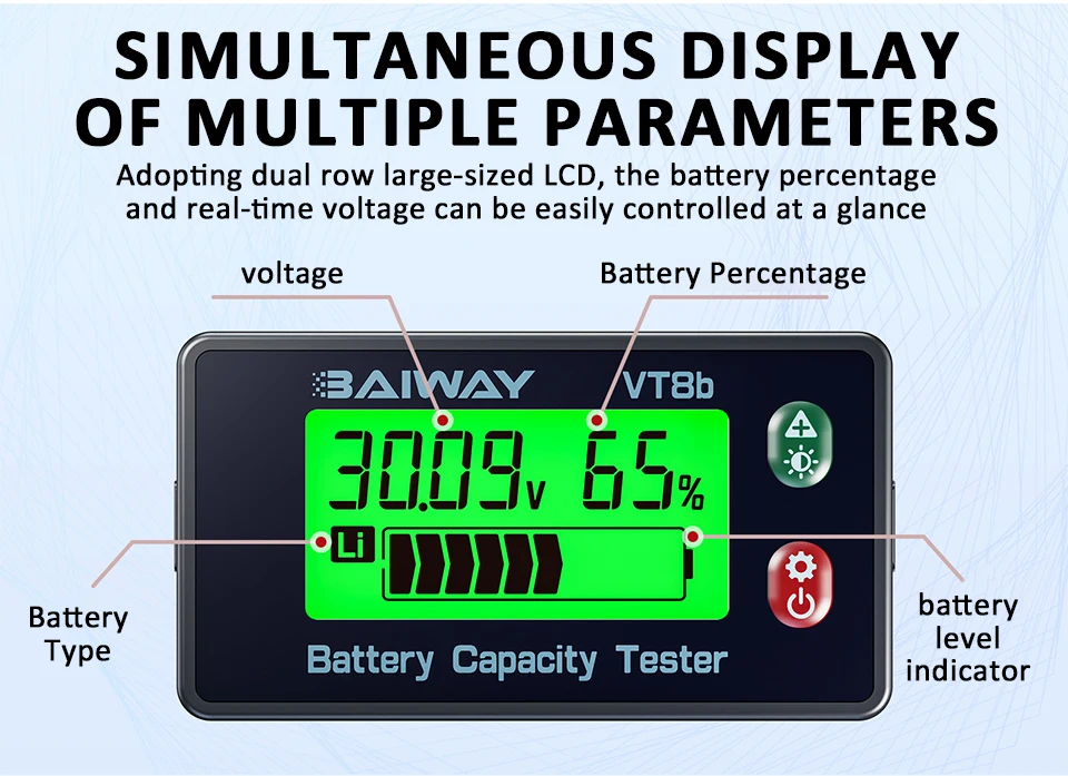 VT8b DC-Batterie-Voltmeter DC 8V-120V Kapazitätsanzeige-Messgerät Lithium LiFePO4 Blei-Säure-Batterietester für Elektrofahrzeuge – Detail 2
