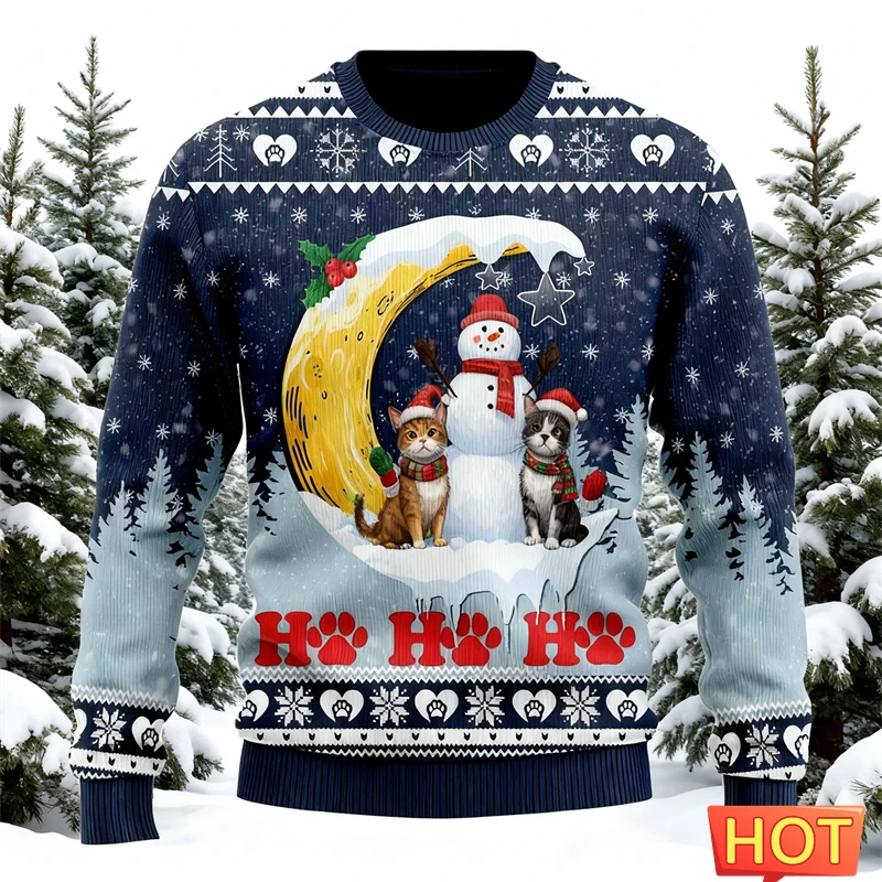 

Милый мультяшный кот, Рождественская луна, 3D принт, уродливый рождественский свитер для женщин и мужчин, одежда, забавный свитшот с домашним котенком, пуловеры, новинка 2026 года