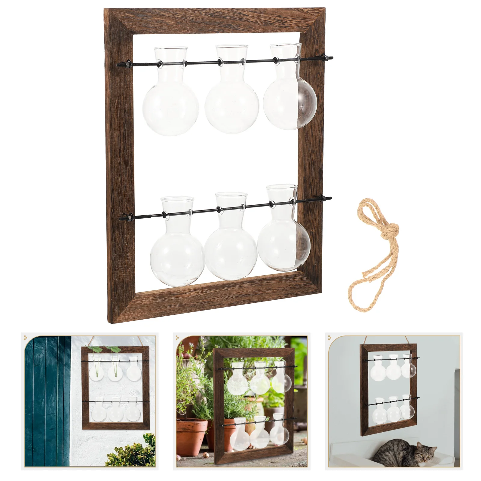 

1Set Wall Hanging Glass Planter Double-Layer Hydroponic Vase Home Flowerpot Nordic Style Wooden Hanging Glass Bottle Wall