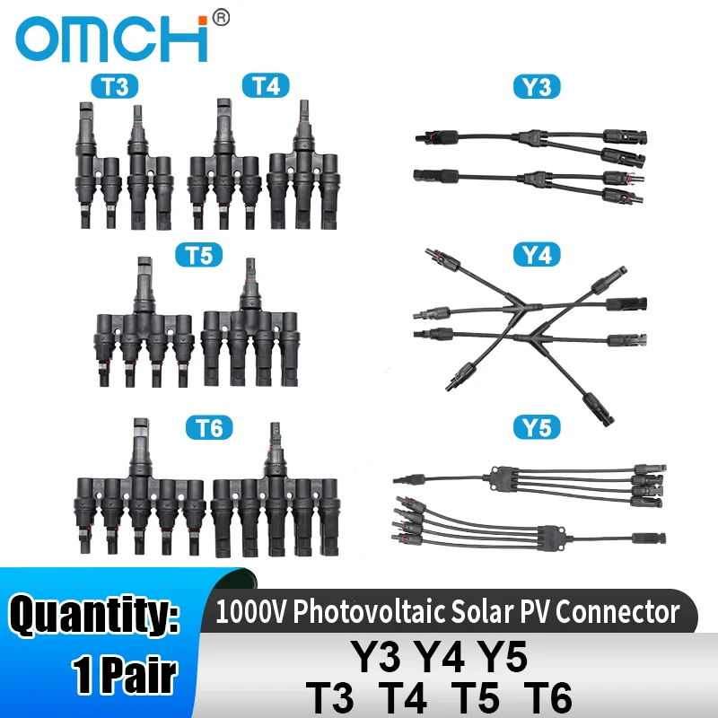 

OMCH 1 Pair 1000V Photovoltaic Solar PV Connector Y/T Type 2 3 4 5 Way Branch Connector Kit for solar panel parallel connection