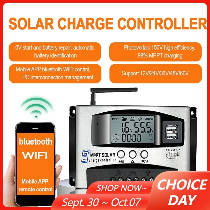12V/24V/36V/48V/60V Bluetooth Wifi MPPT Solar Charge Controller LCD Display Dual USB Mobile APP Remote Photovoltaic Controller