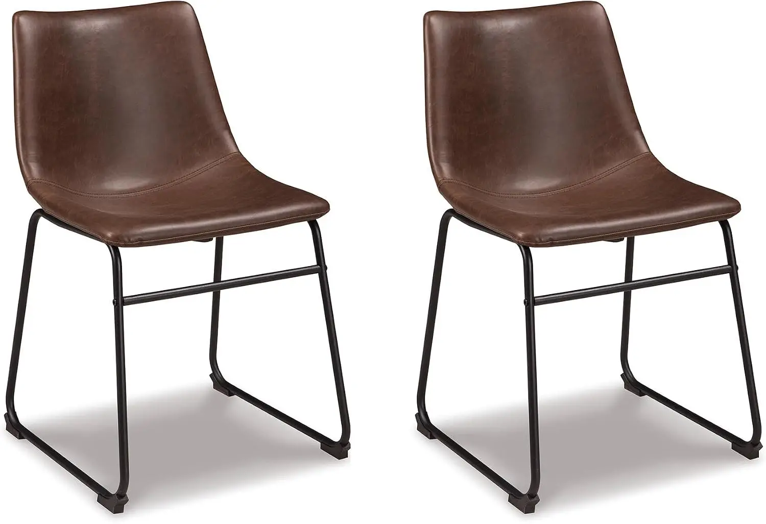 Mid-Century Dining Chair Set of 2, Brown | Contoured faux leather bucket seats, Matte black tubular metal base, Optimized for compact kitchen and eat-in spaces