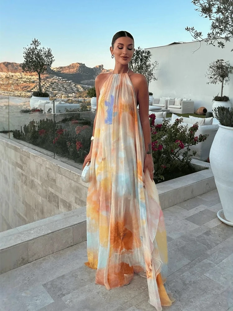 sexy beach maxi dress Women's Printed Chiffon Halter Backless Sleeveless Lace-up Loose Long Dresses Elegant Vacation Party Robes Black Cotton Maxi T-Shirt Color:FULL OF FLOWERS comment coudre neckline Short sleeves Maxi
