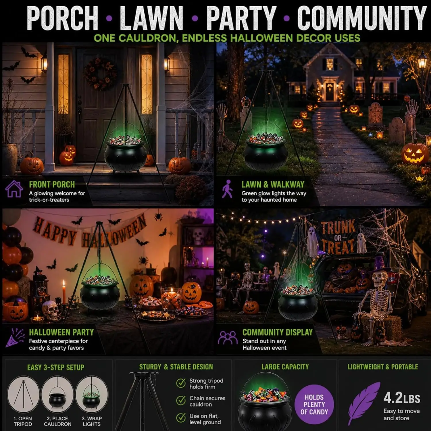 Halloween Cauldron With LED Lights 20 Inch Black Plastic Candy Bowl for Trick or Treat Glowing Green Interior on Iron Tripod