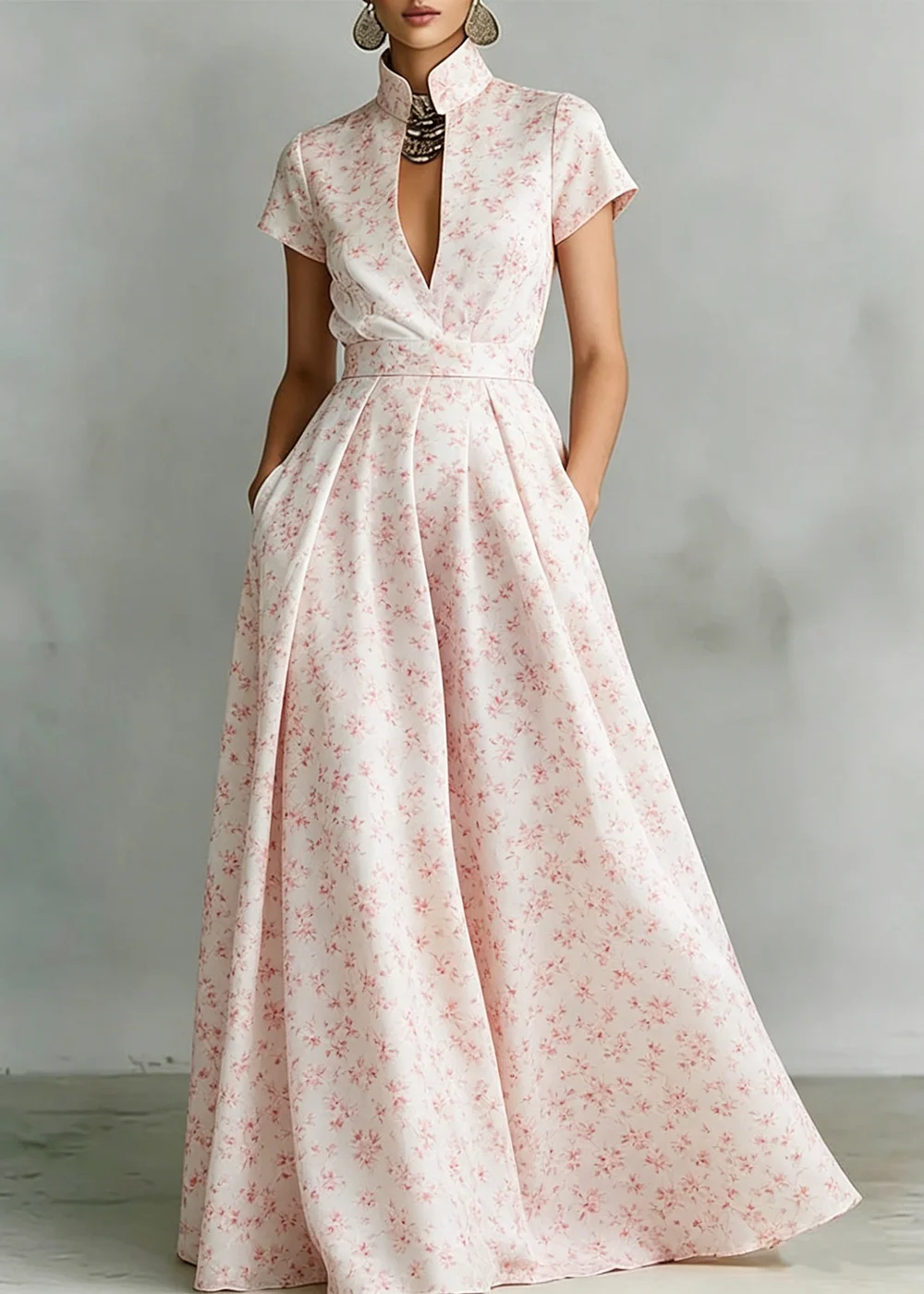 

Women's Elegant Party Dress For Women Stand Collar Floral Print Short Sleeve Slim Fit Summer Dresses Versatile Everyday Office