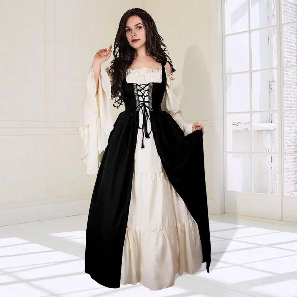 Frauen Vintage Kleid Vintage Renaissance Gericht treuen Halloween Kostüm Maxi kleid mit raffen dem Rand quadratischen Hals fließenden Ärmeln