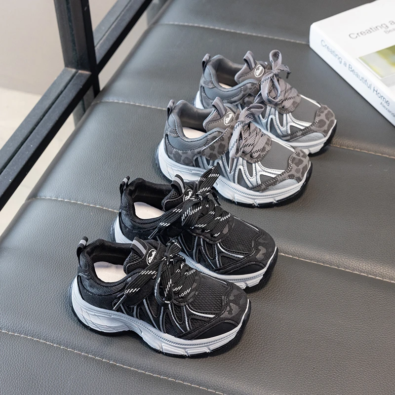 Kids'Casual Shoes PU Leather Color Blocking Autumn Flat Shoes For Children Anti-slip Breathable Black Grey Shoes Size 26-37