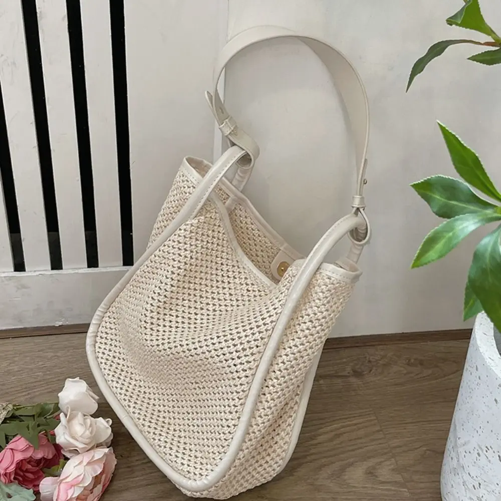 Woven Straw Bag Fashion Large Capacity Leather Handles Underarm Bag Bohemian White Beach Bucket Bag