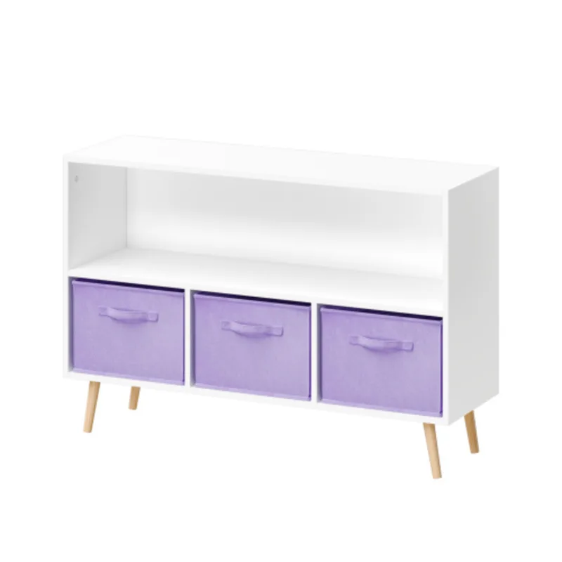 Kids Bookcase With Collapsible Fabric Drawers Children's Book Display Toy Storage Cabinet Organizer White/Purple