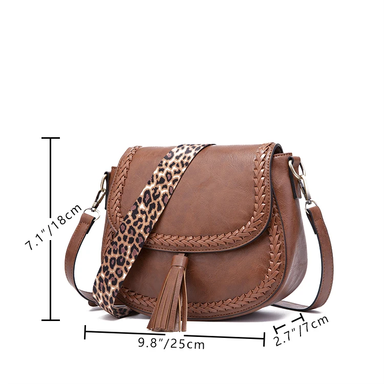 Woven leopard print shoulder strap flip retro crossbody bag