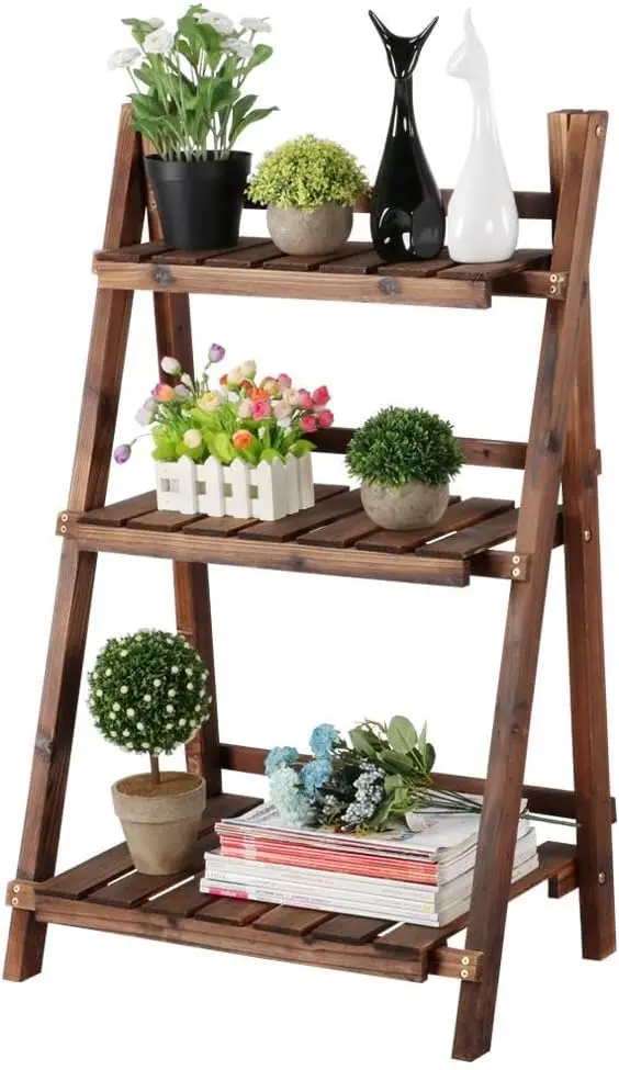 

Foldable Ladder Shelves Wall-Leaning Home Office Storage Rack Display Shelving Livingroom Bedroom Balcony Fir Wood Brown 3 Tier