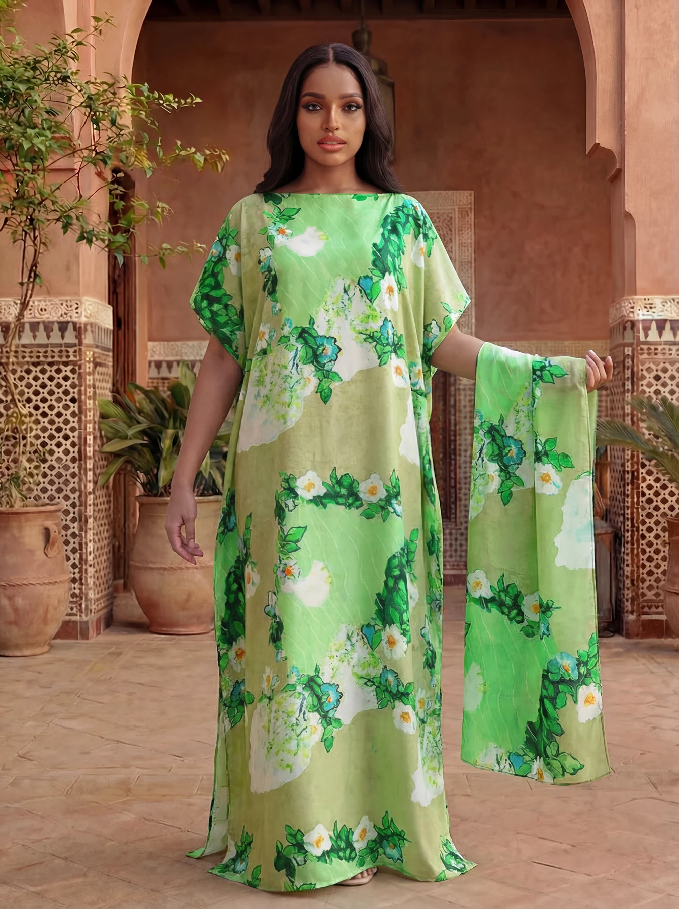 Women's Long Shawl Dubai Fashion Print Design Silk Soft Summer Beach Party Dress Accessory Loose Fit African Abaya MOOMOO view 5