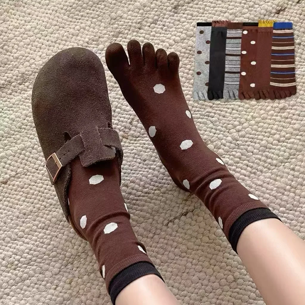 Trendy Coffee Color mid Tube Five Finger Socks Polka Dot Design Five Toe Split Toe Style for Children Women