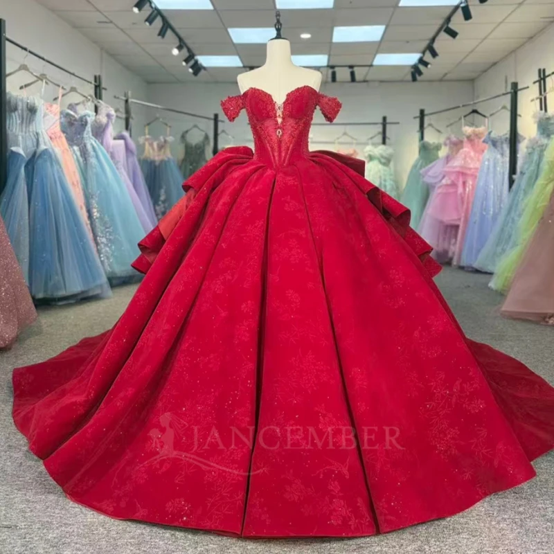 

Red Shiny Quinceanera Dresses Off The Shoulder Applique Lace Beading Crystal Bow Tull Party Birthday Sweet 16 Dress Vestidos 15