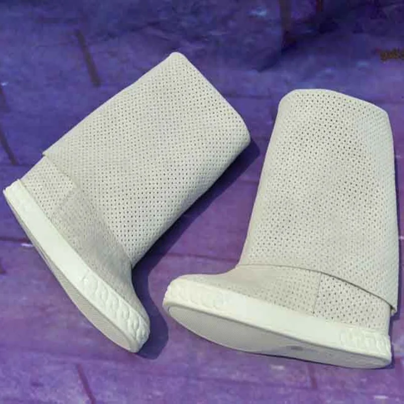 

Rome Style 8CM Height Increasing Knee High Boots Rubber Sole Fold Over Winter Long Boots White Hidden Wedge Platform Boots Woman