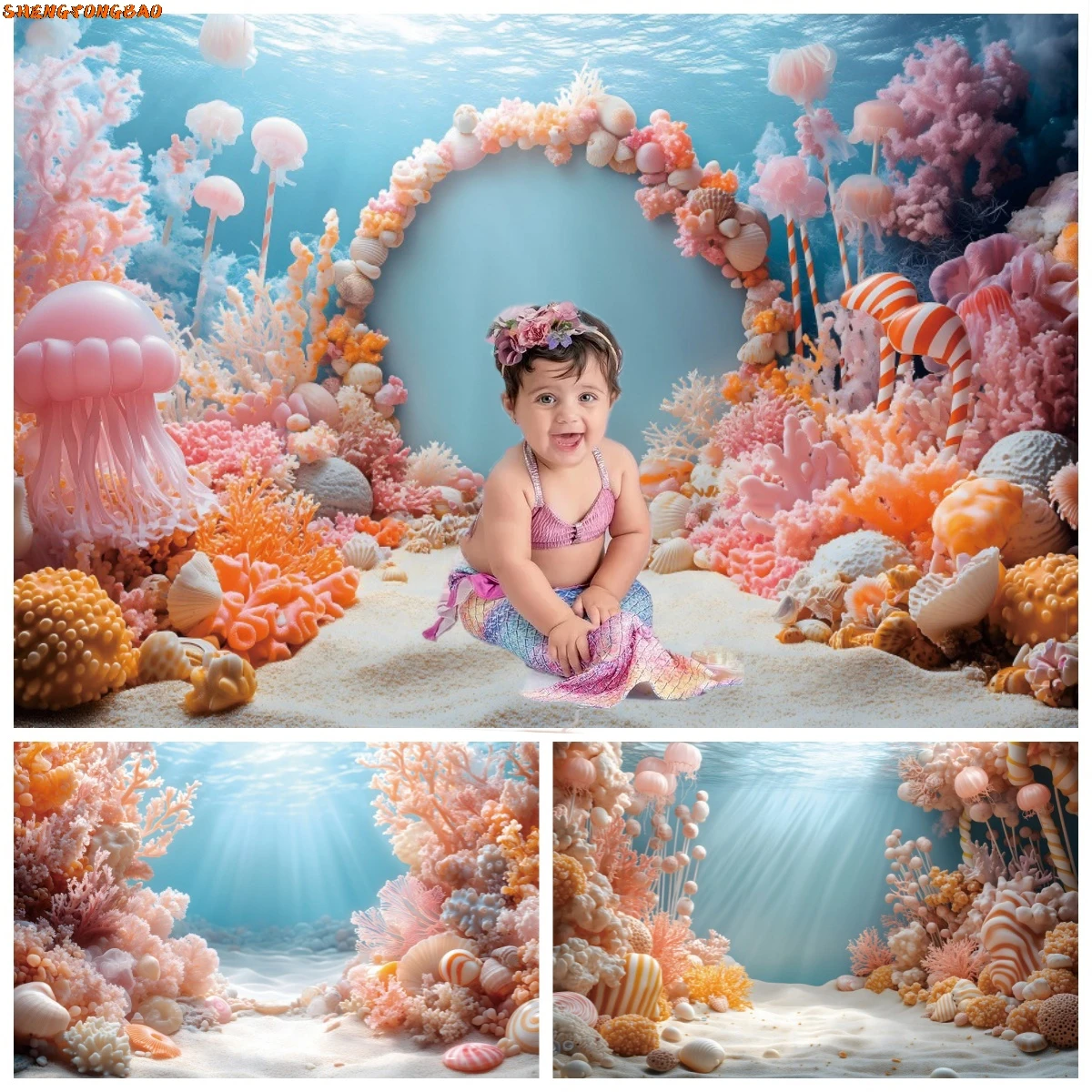 Underwater World Photography Backdrop Deep Sea Coral Shell Little Mermaid Girls Birthday Party Decor Kids Portrait Background