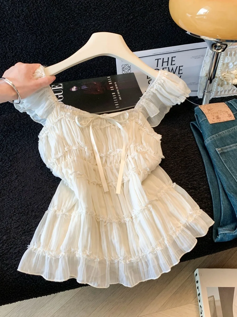 

French Style Pleated Loose Fit Women's Summer Top with Fly Sleeve Chiffon Blouse Breathable Skin-Friendly Casual Wear
