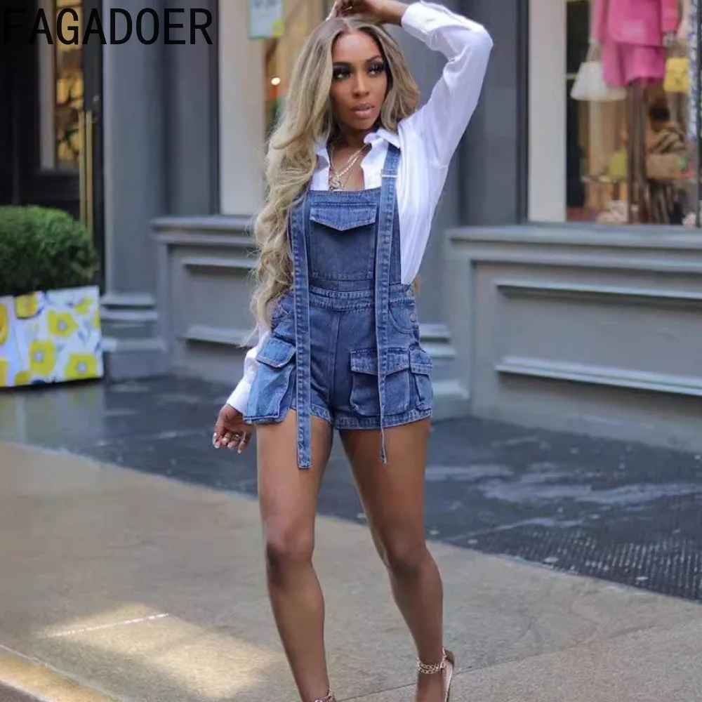 FAGADOER Fashion Strap Jeans Jumpsuits Women Strap Sleeveless Hollow Pocket Cargo Pants Playsuit Female Denim Overall Streetwear