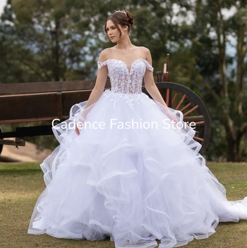European Off Shoulder Sweetheart Wedding Dress Floral Lace Bodice Tiered Ruffle Tulle Bridal Gown For Garden Wedding Customized