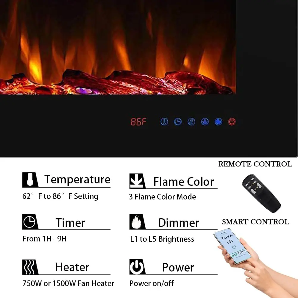 Sisipan perapian listrik tersembunyi Cerdas WiFi, 5 pengaturan api, Set Log atau pilihan kristal, kontrol suhu dengan sentuhan Pa