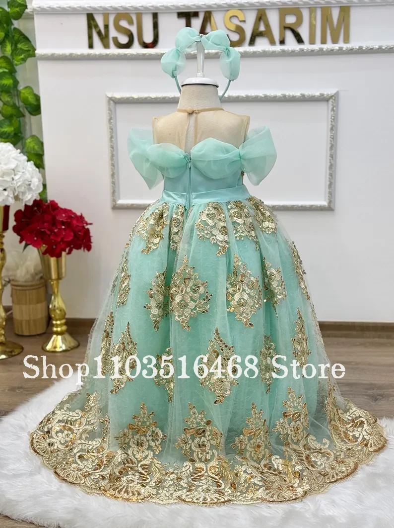 Customised Green Flower Girl Dresses Gold Embroidered Princess Children's Dresses Children's Role-Play Princess Pageant Dresses
