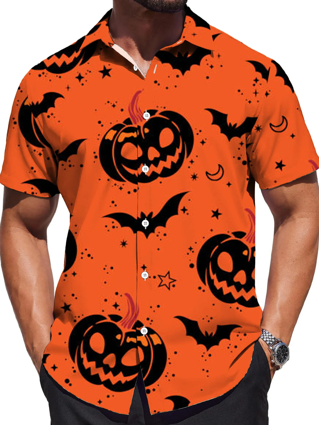 Men's Shirt Short Sleeve Halloween Pumpkin Bat Star Moon Print Turn‑Down Collar Button Loose Casual Holiday Top Men Clothes