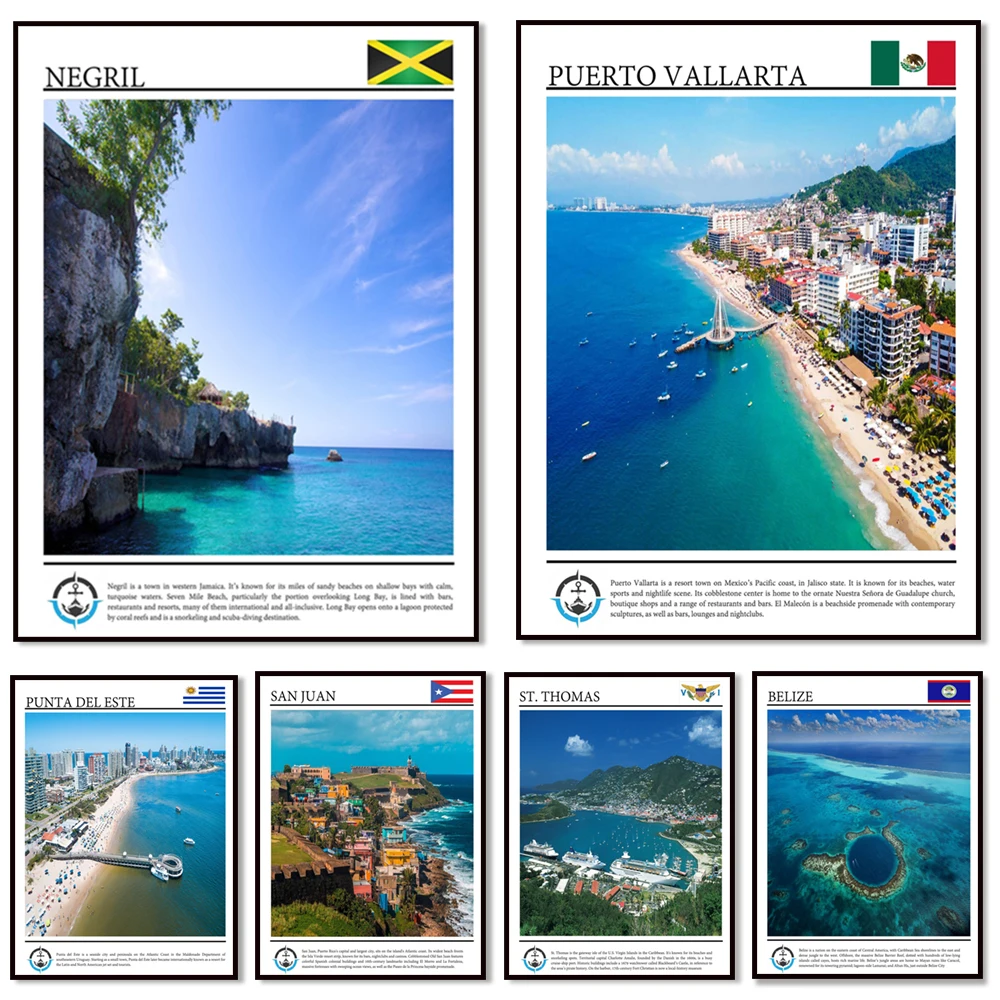 Panama Canal, Negril Jamaica, Virgin Islands, Cayman Islands, Mexico, Punta del Este Uruguay, San Juan vacation travel poster