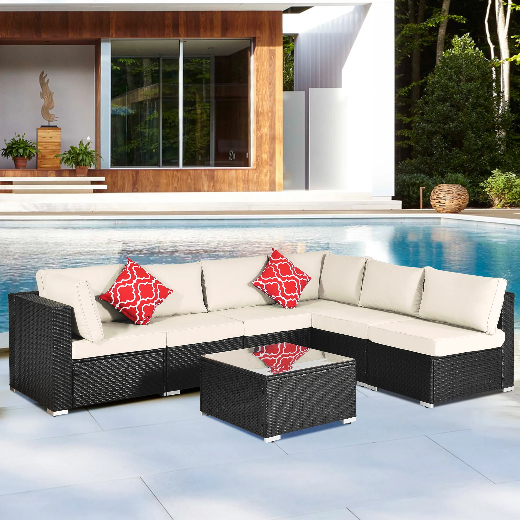 

Outdoor Garden Patio Furniture 7-Piece PE Rattan Wicker Sectional Cushioned Sofa Sets with 2 Pillows and Coffee Table