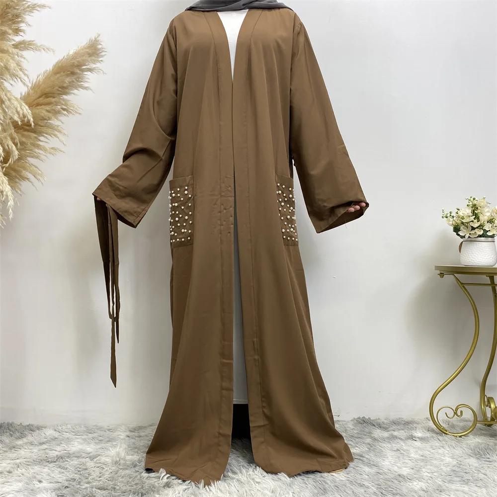 

Muslim Women Maxi Dress Pearl Beaded Long Kimono Cardigan Eid Islamic Jalabiya Ramadan Dubai Open Abaya Turkey Kaftan Robe Gown