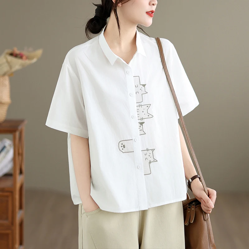 

plus Size Embroidered Short Sleeve Shirt Women's Luxury Feel Summer New Style Slimming Top Comfortable Fit Casual Shirt