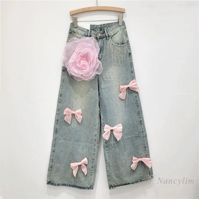 

Heavy Industry Three-Dimensional Bowknot Wide Leg Jeans Woman 2024 New High Street Slimming All-Matching Straight Casual Pants