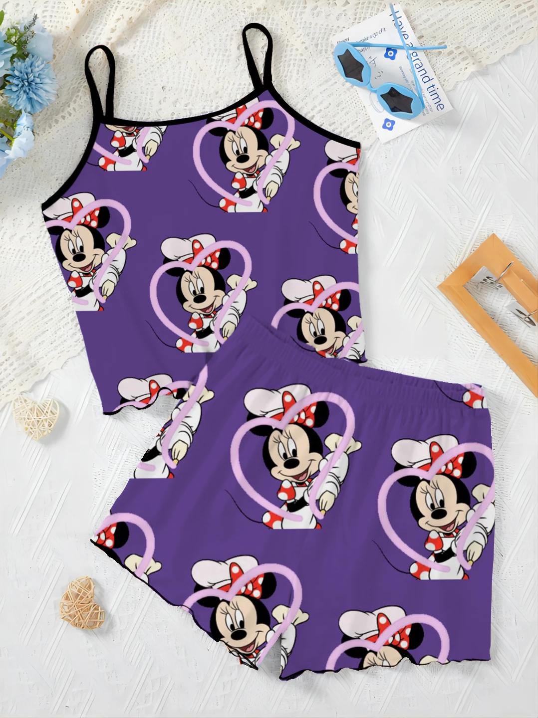 Ensemble pyjama et t-shirt Disney pour femme, robe de maison Disney, Minnie Mouse, ensembles courts, haut à garniture en laitue,