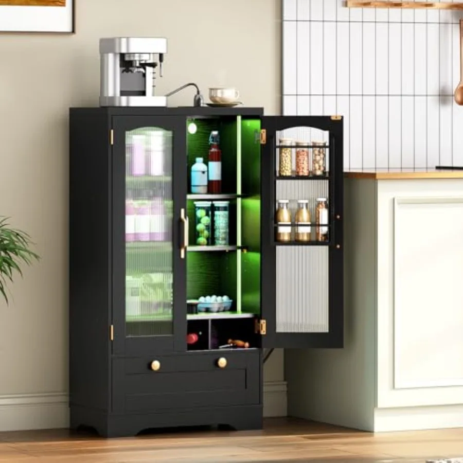 

Kitchen Pantry Cabinet with LED Lights and Charging Station Freestanding Cupboard Utility Hutch Cabinet with Storage Microwave