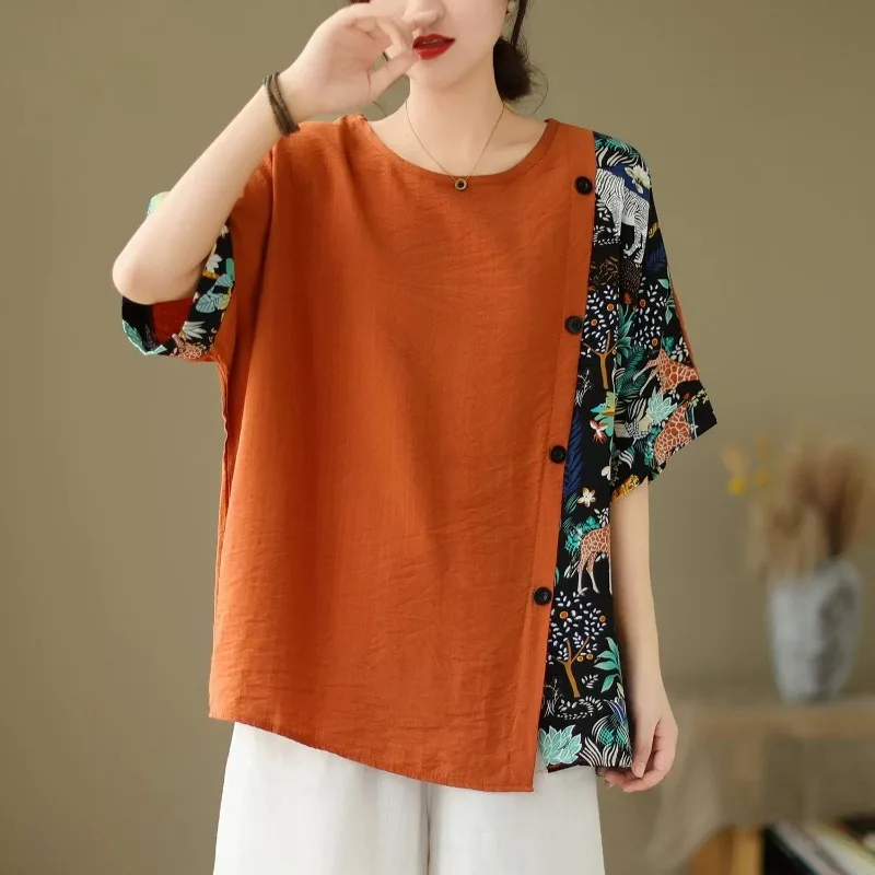 Temperament Chinese Style Summer Women\'s Round Neck Printing Tie Die Patchwork Button Split Short Sleeve Loose T-shirt Tops