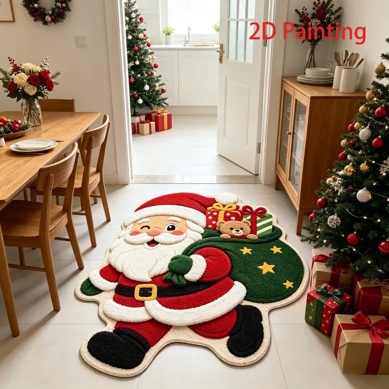 Cute Cartoon Santa Claus Shaped Rug Christmas Themed Decor Entryway Hallway Floor Mat Soft Fluffy Carpet for Bedroom Bedside