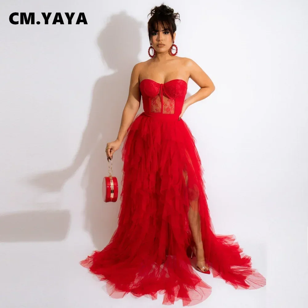 CM.YAYA-Vestido largo de malla transparente para mujer, prenda Sexy de retazos de encaje con volantes en cascada, abertura lateral alta, ceñido al cuerpo para fiesta nocturna