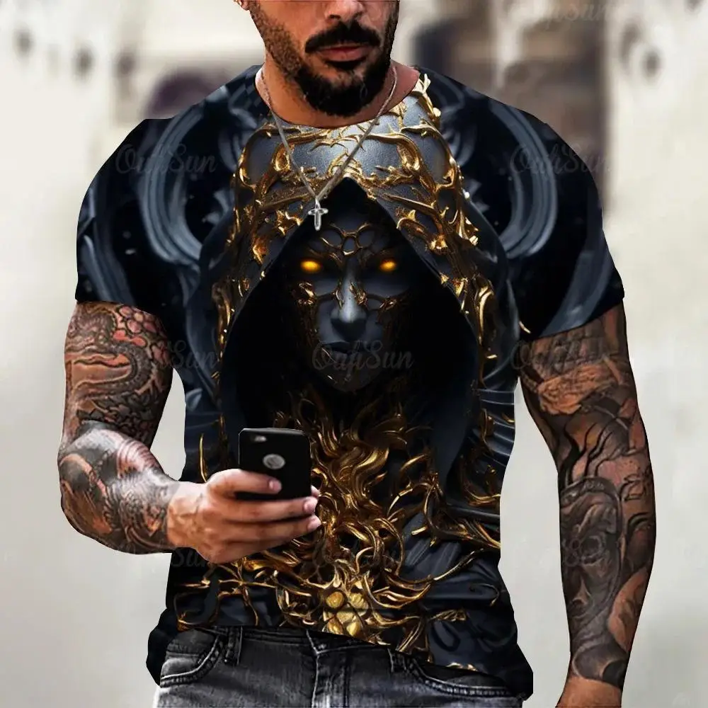 Men Golden Demon Mask T Shirt Dark Fantasy Sorcerer Graphic Short Sleeve Tee
