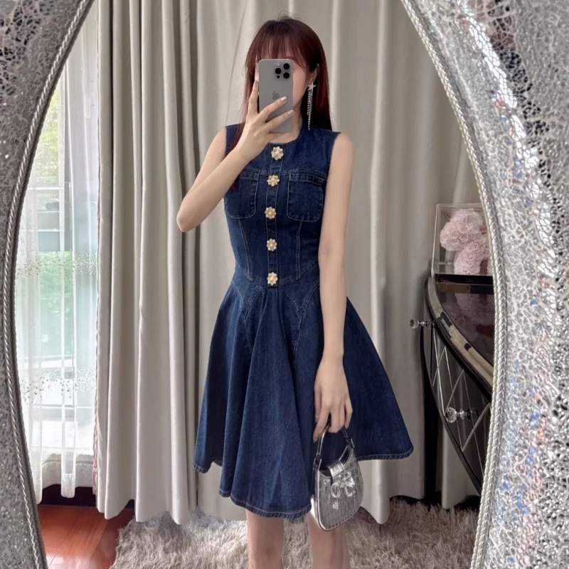 JAMERARY Brand Designer Summer Holiday Single Breasted Denim Jeans Dress Women Sleeveless A Line Pleated Short Vestidos Party