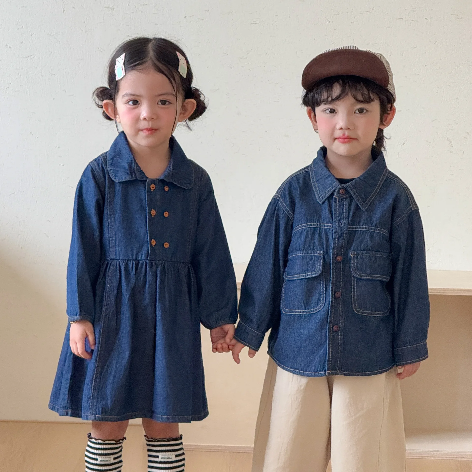 2026 Autumn New Girls Lapel Denim Dress Brother Sister Clothing Boys Casual Denim Shirts Coat Solid Children Clothes