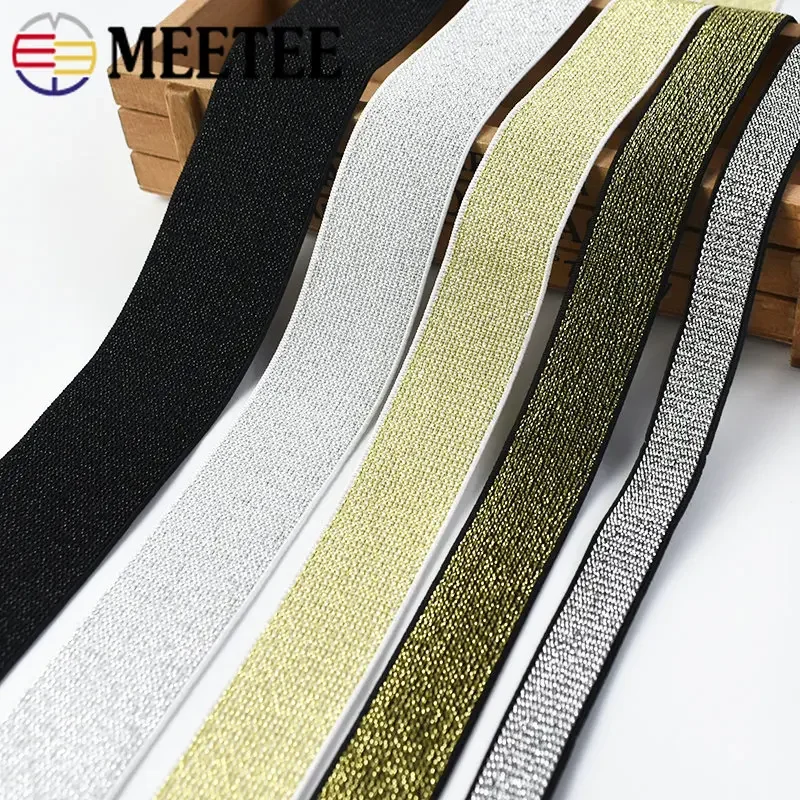 Meetee 3Meters 10-50mm Gold Silver Glitter Elastic Bands Rubber Band Lace Ribbon Trim DIY Garment Trousers Belt Sewing Accessory