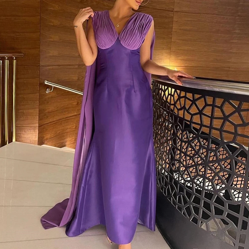 

V Neck Straight Sleeveless Satin Evening Dress Tea Length Pleats Shawl Watteau Train Elegant Bespoke Occasion Gowns Classic 2024